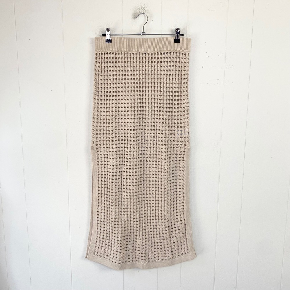 Lands End Beige Crochet Knit Midi Skirt XS 2-4 Open Knit Beach Coverup Side Slit